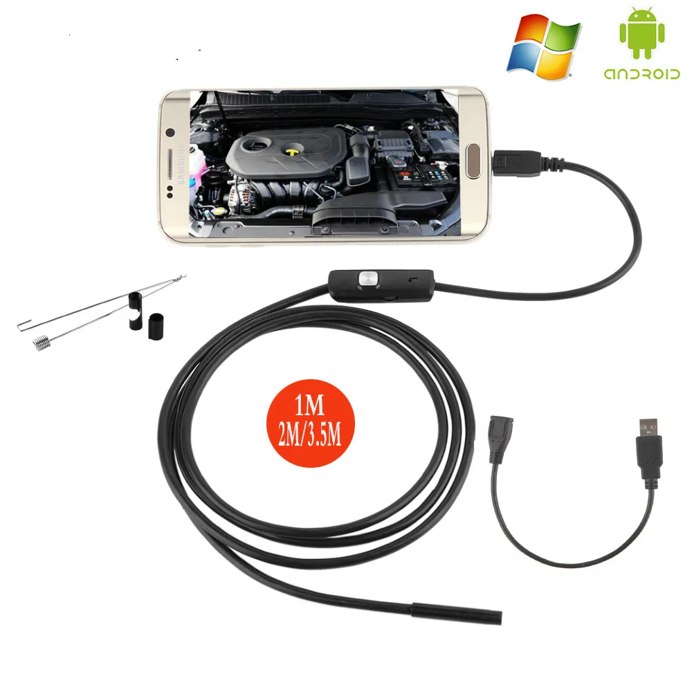 Эндоскопа 7 мм объектив Android телефон эндоскоп Водонепроницаемый IP67 1 м 2 м 3,5 м USB OTG Endoscoop мини Камера бороскоп Endoscopio