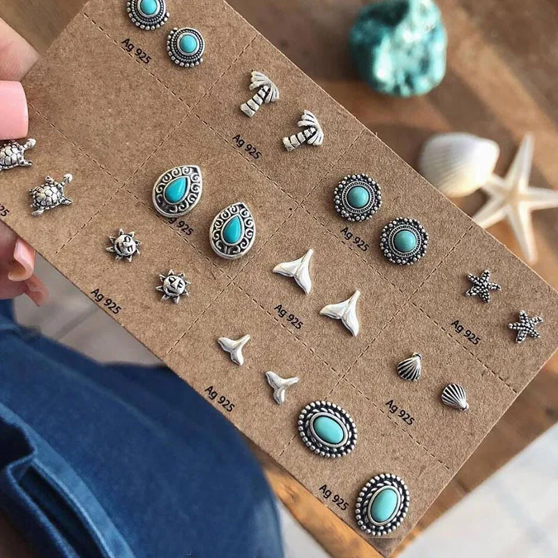 

11 PC Women Earrings Funny Bohemian Earrings Starfish Sea Turtle Fishtail Shell Coconut Tree Boho Stud Earring Fashion Jewelry