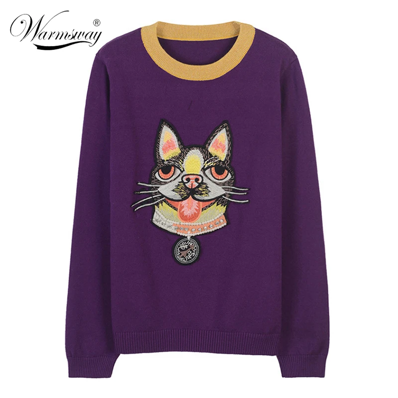 New Sweater Female Pullovers Cat Embroidery Winter Spring Knitted Pullover Runway Designer Pearl Beading Tops Jumper WS-082
