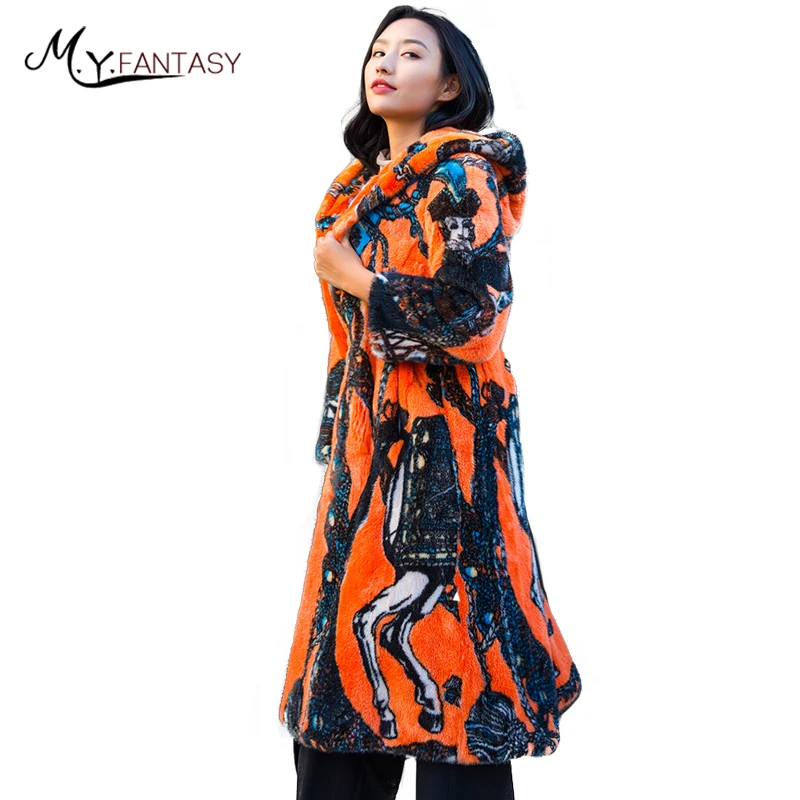 

M.Y.FANSTY 2017 Print Winter Women's Orange Mink Full Sleeve Coat With Fur Hood Real Fur Coat Contrast Color X-Long Mink Coats