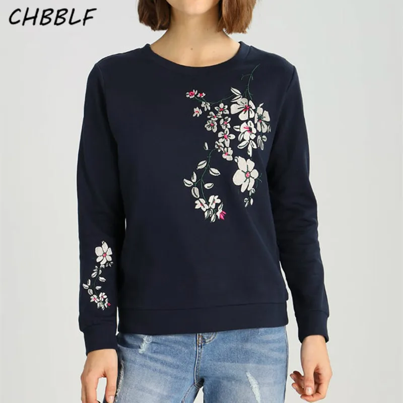 women elegant floral embroidery sweatshirt o neck long sleeve pullover
