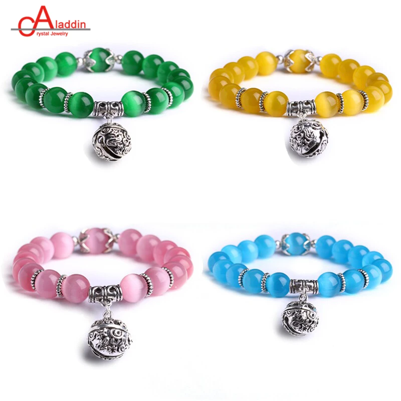 

Aladdin Natural 8MM Crystal Beads Bracelets Cat's Eye Quartz Bangles Jewelry Alloy Lucky Bell For Man/Women's Bohemia Charm