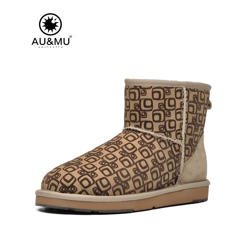 

2018 AUMU Ankle Nubuck Tradional Print Wool Lining Fur Snow Boots Non-slip Snow Winter Boots N053