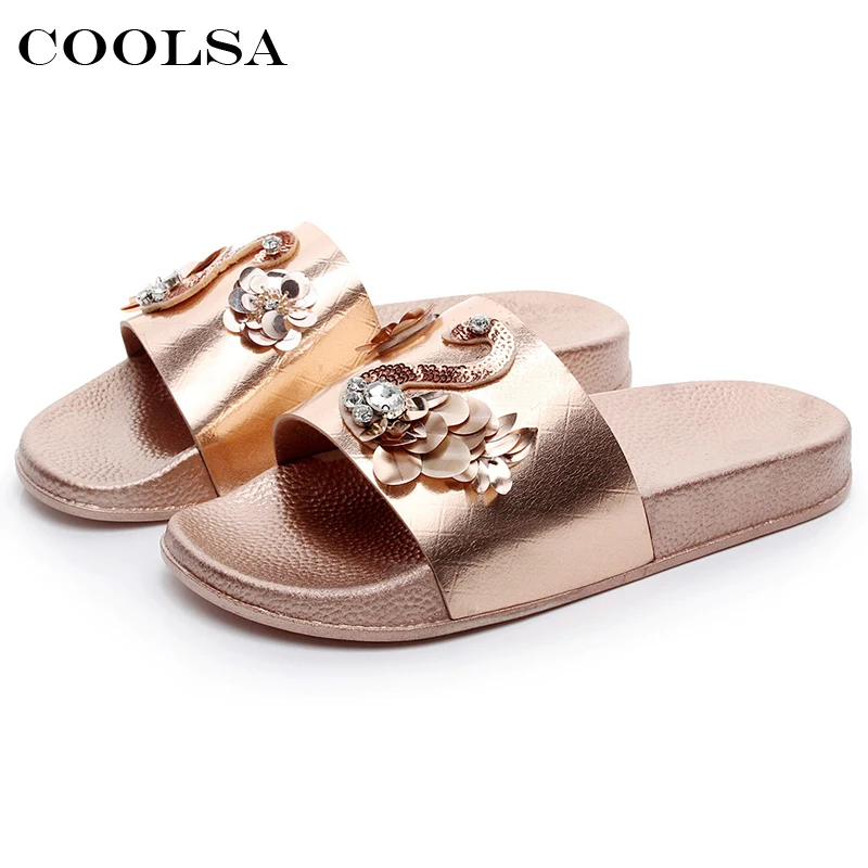 Coolsa новый летний Для женщин Bling Шлёпанцы для с цветами и стразами пляжные