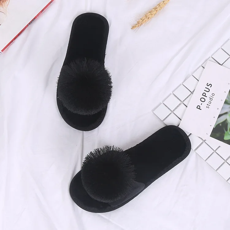 Пушистые тапочки для женщин; Повседневные тапочки на плоской подошве; женская обувь; женские домашние тапочки; pantoufle femme - Цвет: Black