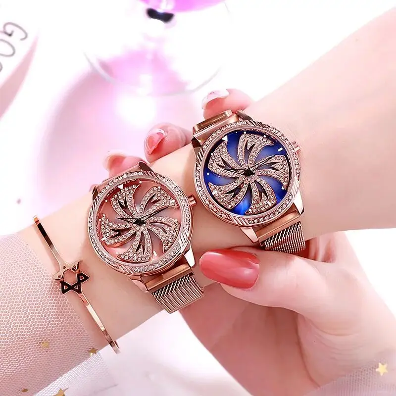 

2019 Rose Gold Women Watches Rotate Dial Stainless Steel Quartz Wrist Watch women diamond crystal ladies watch relogio feminino