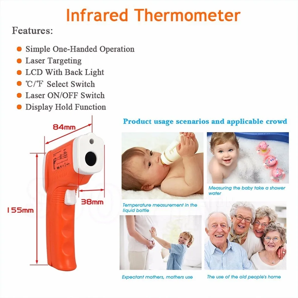 Лазерный цифровой термометр инфракрасный Детский Взрослый лоб Бесконтактный инфракрасный термометр с ЖК-подсветкой Oorthermometer с сумкой