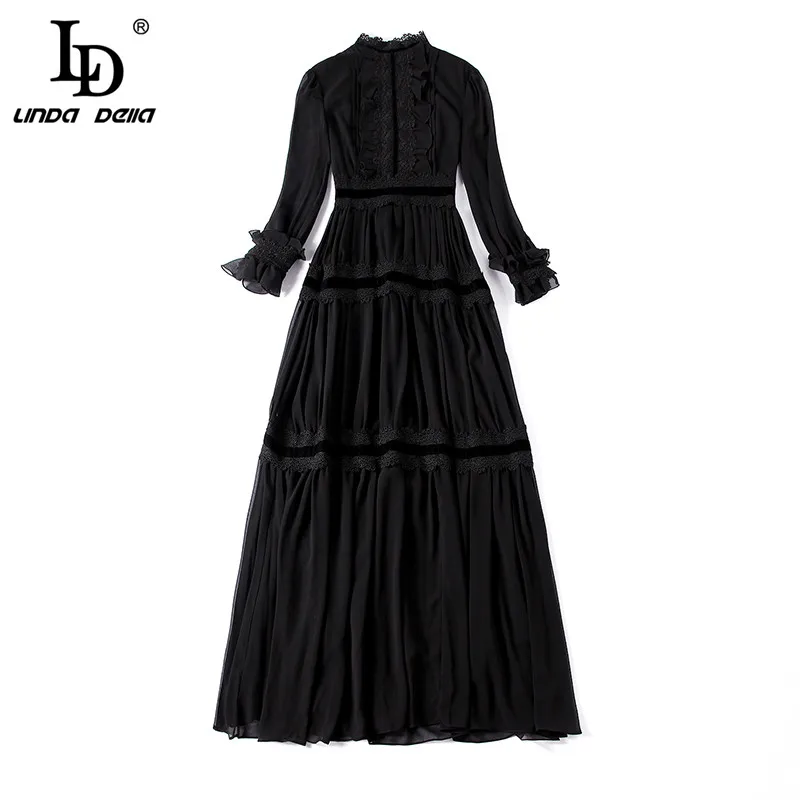 Big Discount expPN LD LINDA DELLA Fashion Runway Maxi Dresses Women's Long Sleeve Lace Patchwork Ruffles Vintage Black Dress Elegant Party Dress
