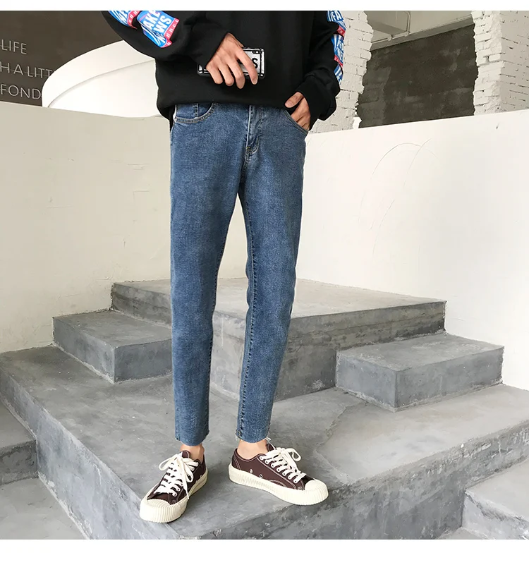 2018 японский стиль для мужчин весна сплошной цвет стрейч Slim Fit классический обтягивающие джинсы Синий повседневные штаны байкерские Джинс
