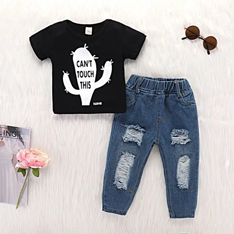 

Hot Summer Baby Boy Girl Cactus Blouse T-shirt Tops+Jeans Trousers Denim Pants Suit Outfits For Children New