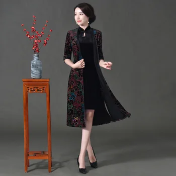 

2020 New Elegant Woman Velvet Short Dress 2 Piece Set Classic Print Flower Cheongsam Winter Fashion Slim Qipao Big Size 3XL