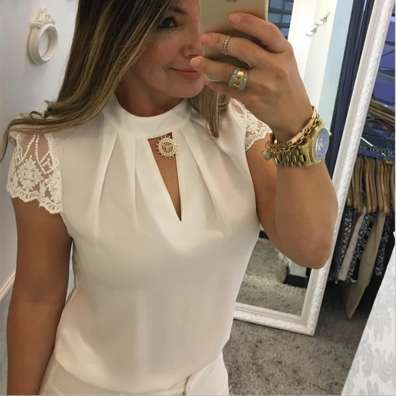 

AVODOVAMA M Hollow Out Female Plus Size Tops Blouses Office Lady Solid Summer Women Short Petal Sleeve O Neck Shirts