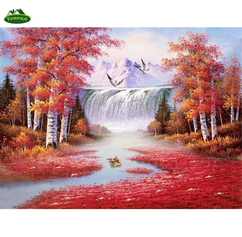 Красный кленовый лист дерева и водопад пейзаж 5D алмазов картина вышивка крестом горный хрусталь мозаика Наборы Гостиная наклейка