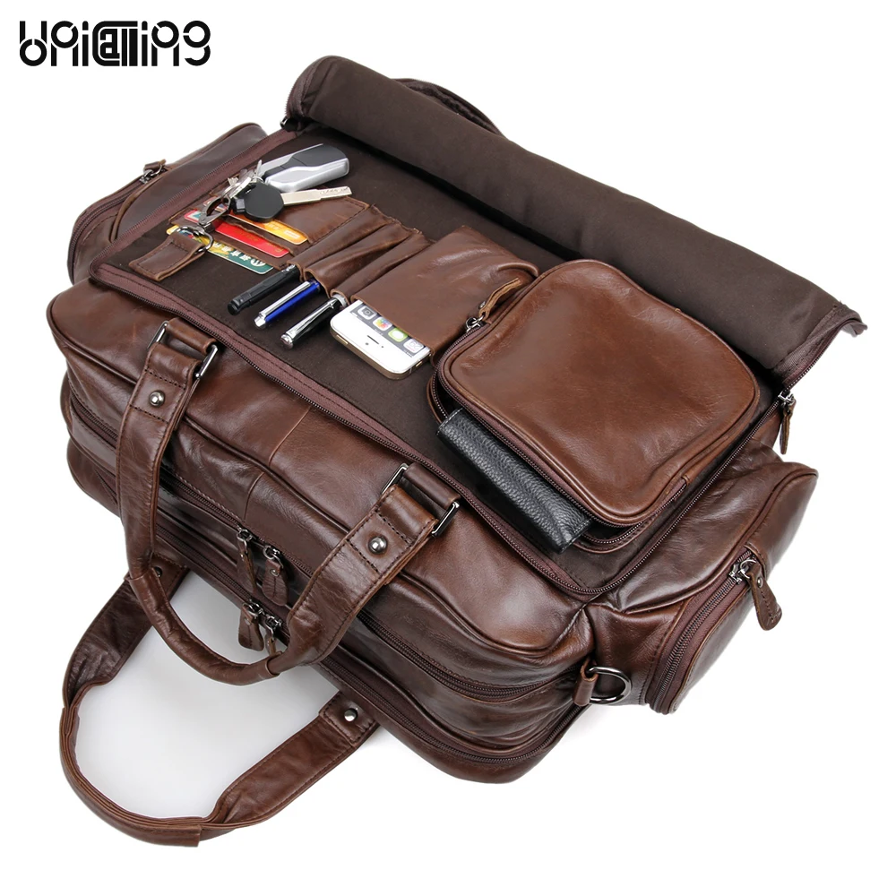 UNICALLING large tote bag premium genuine leather men business bag handbag multiple layer space ...