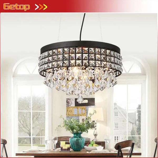 

Retro American Round Crystal Pendant Light for Living room Restaurant Black Pendant Lamp with Crystal Drops Lighting Fixtures