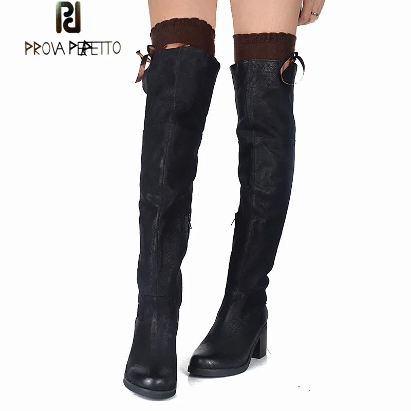 Prova Perfetto Terse стиль чистый цвет зимние плюшевые сапоги выше колена натуральная кожа молния круглый носок высокий каблук женские сапоги