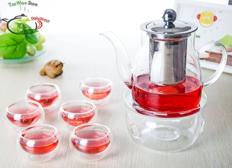 500ml Flower Teapot 4x 70ml Double Wall Cups Warmer A 6in1 Glass Tea Set