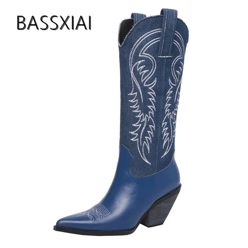 

2019 Retro Real Leather Knee High Boots Women Pointed Toe Embroidery Wedges High Heel Boots Woman Fashion Cowboy Boots