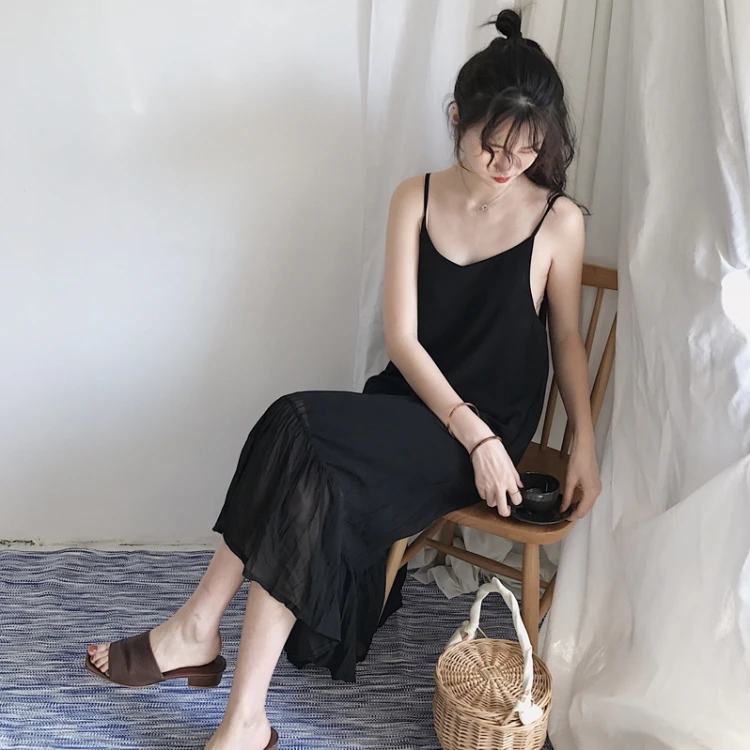 Summer Fashionable Korean Style Two Pieces Female Dress Chic Hollow Out Solid Knitting Blouse All-match Spaghetti Strap Dress3