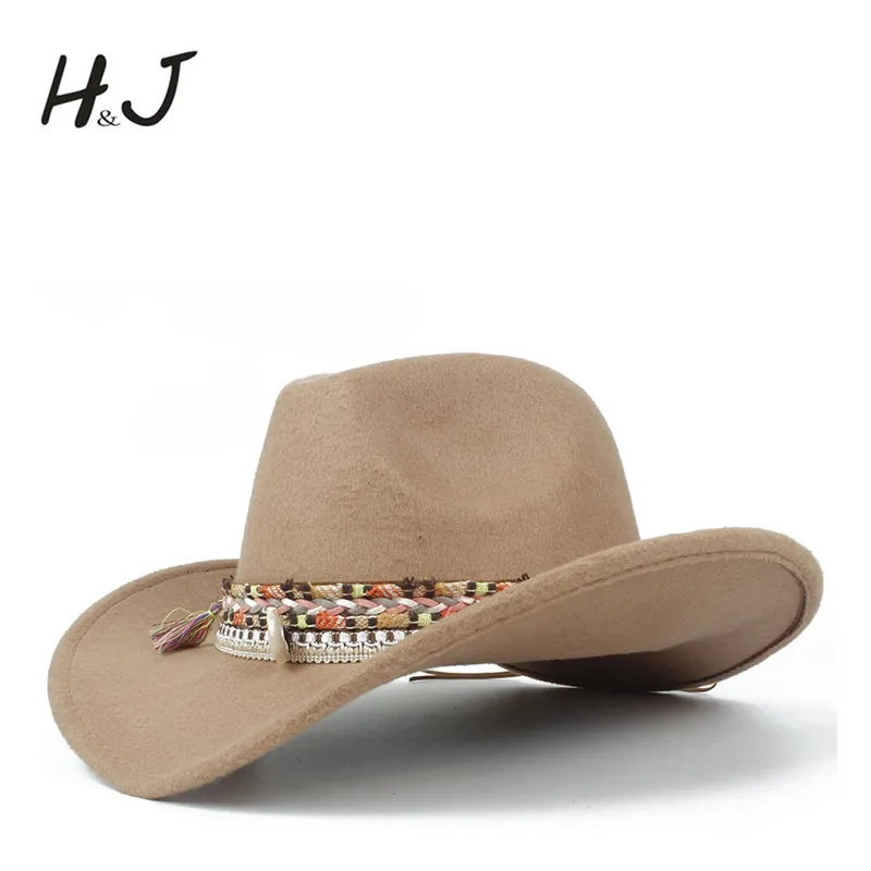 

Women Wool Hollow Western Cowboy Hat Lady Jazz Outback Jazz Toca Sombrero Cap Size 56-58CM