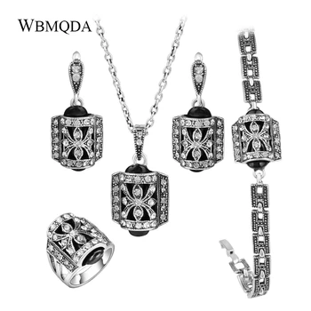 

4 Pcs/lot Fashion Antique Silver Color Crystal Ring Necklace Earrings Bracelet Wedding Jewelry Sets Gifts For Women Accessories