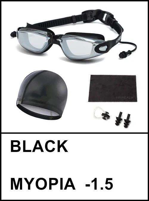 Очки для плавания ming(по рецепту 0-8,0 диоптрий), близорукие очки для плавания+ шапочка для плавания+ зажим для носа+ беруши+ Сухая ткань - Цвет: Black SET Myopia 150