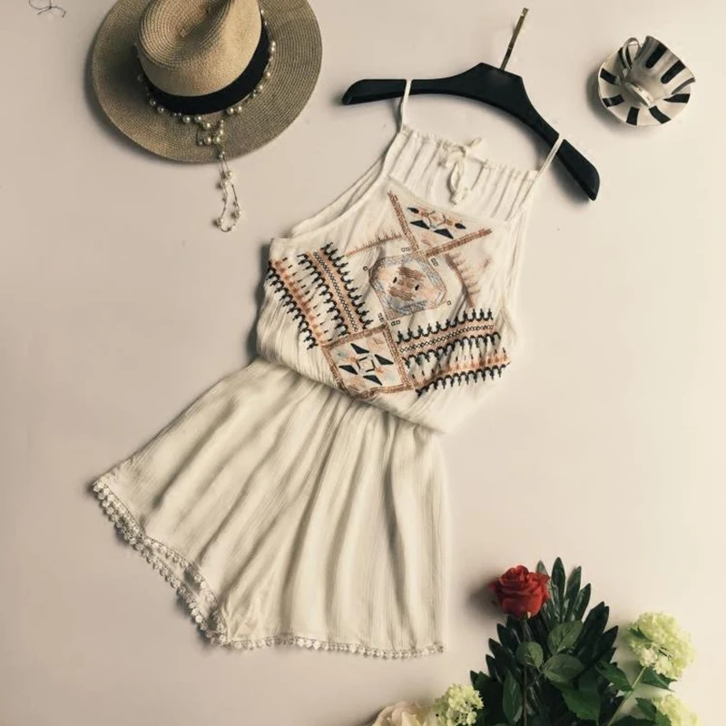 

Pantalon Bohemian Embroidery Playsuits Women Folk Lolita Rompers Shorts for Holidays Beach Wear Loose Bodysuit