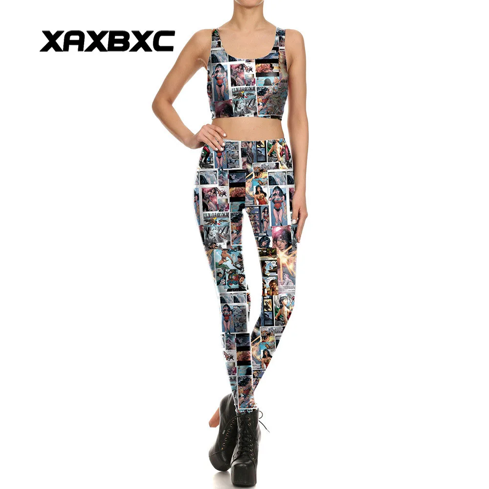 

NEW 1684 Sexy Girl leggins Comic Wonder Woman Batman Cosplay Prints Women Leggings Crop Top Vest bra Sets Fitness Workout Suit