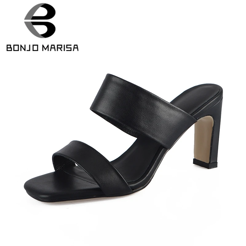 

BONJOMARISA women's Top Quality Genuine Leather Sheepskin Summer Mules Pumps High Heels Shoes Woman Party Snadals Lady Footwear