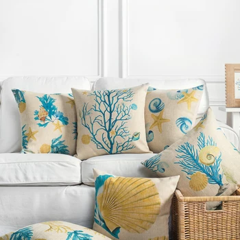 

Wholesales Linen Pillow Cover Cushion Cover Yellow Blue Mediterranean Style Coral Sea Shell Home Decorative Pillow Case 45x45cm