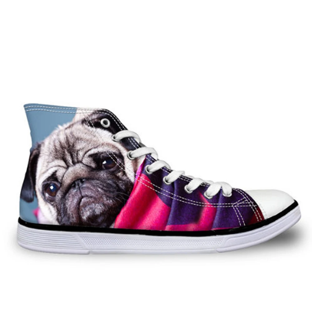 

WHEREISART 2019 Women Classic High Top Vulcanized Shoes Cute Pug Dog Bulldog Printing Female Casual Canvas Shoes Student Flats