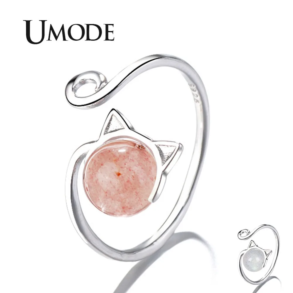 

UMODE Fashion New Cute Strawberry Quartz Cat Ear Ring for Women Moonstone White Gold Open Cuff Ring New Cat Tail Jewelry AUR0451