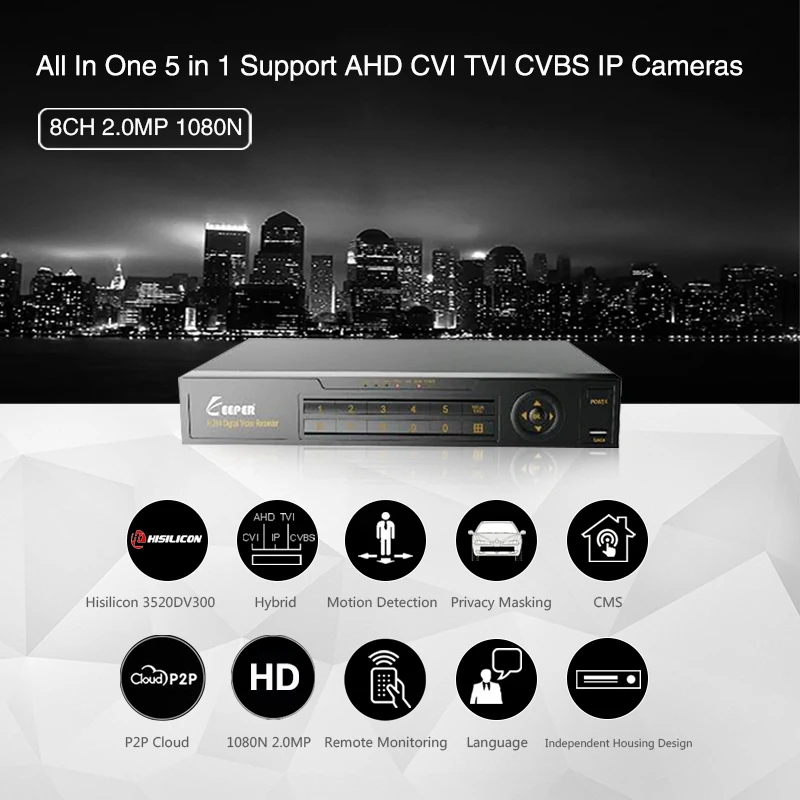 5 в 1 гибридный видеорегистратор KEEPER 8 каналов 1080N AHD Full HD поддержка IP камер TVI CVI CVBS