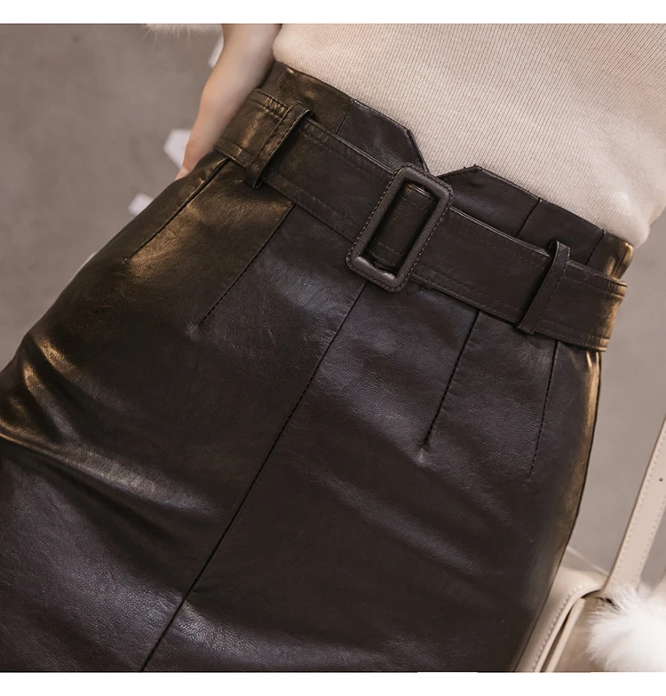 Women PU Leather Midi Skirt Autumn Winter Ladies Package Hip High waist OL Pencil Skirt