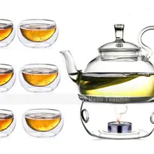Цветочный стеклянный чайный набор, 800 мл чайник+ 1 круглая грелка+ 6 шт. 50 мл чашка, Термостойкое стекло Цветущий чайный сервиз чай наборы