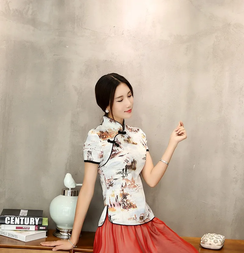 Шанхай история Мандарин воротник женская Qipao рубашка Китайский Топ короткий рукав cheongsam Топ Традиционный китайский льняная блузка
