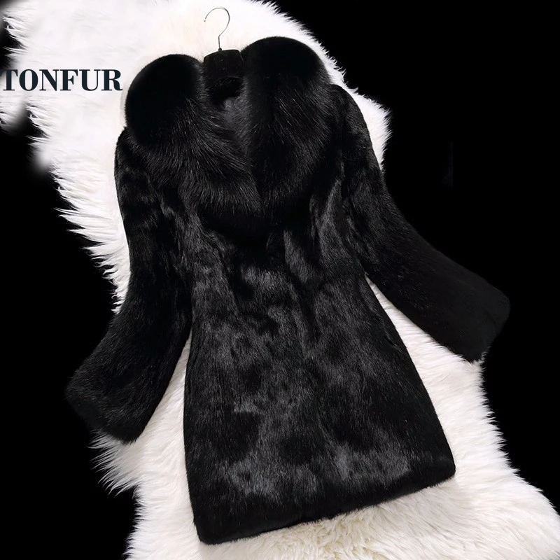 

Luxury Big Genuine Full pelt Rabbit Fur Coat With Real Natural Fox Fur Collar Hot Wholesale Customize Plus Size Overcoat TSR100