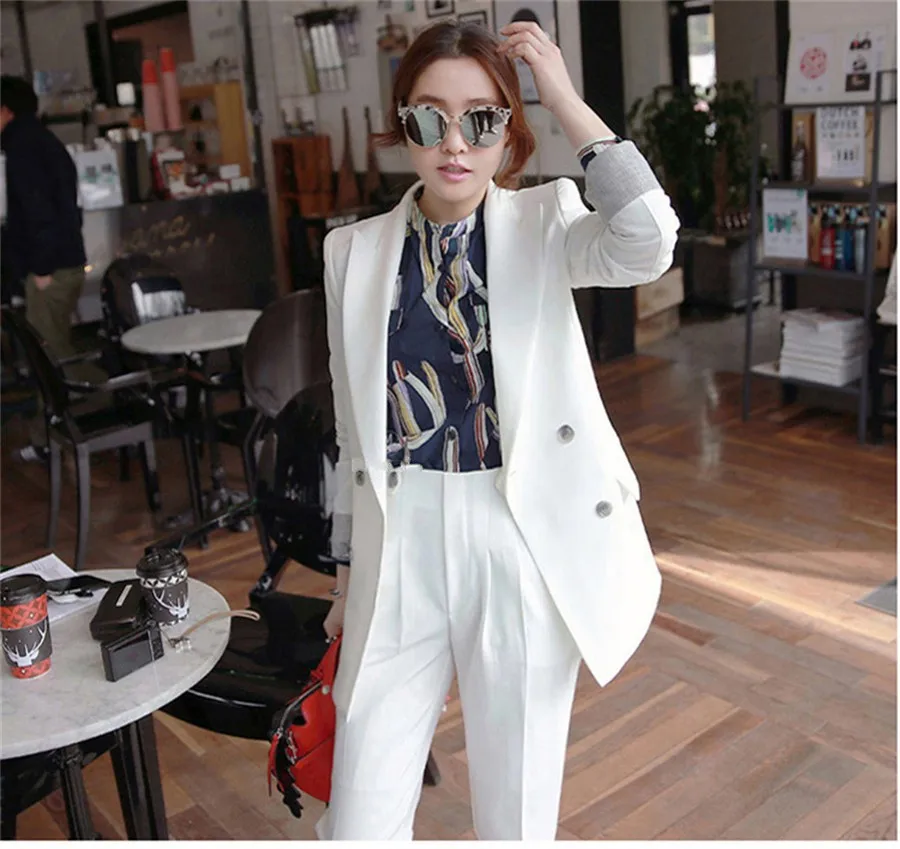 Two Pieces Set DoubleWomen Long Sleeve Business Suits Outfits  Breasted Solid Blazer Jacket  Zipper Pant OL Suit