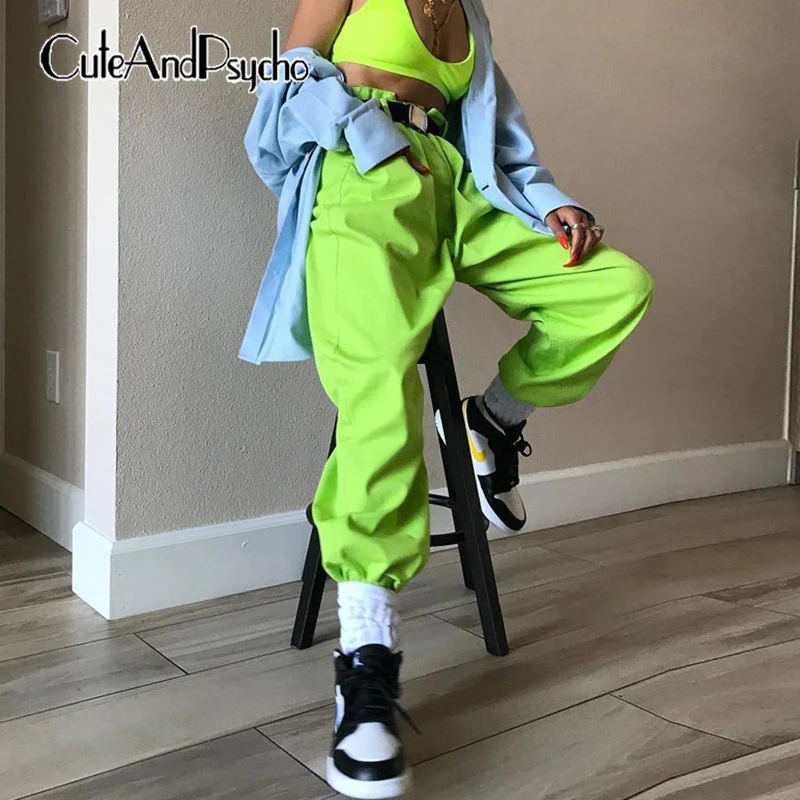 

2019 Neon Green Cargo Women Pants High Waist Trousers Sweatpants Joggers Hip Hop Feminina Pants Capris Streetwear Cuteandpsycho