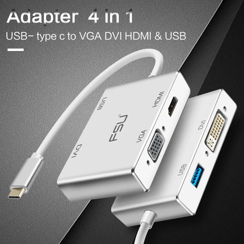 4в1 USB type-c к VGA DVI-I конвертер USB C к HDMI 1080P HD USB 3,0 концентратор адаптер для Macbook планшет монитор ноутбука