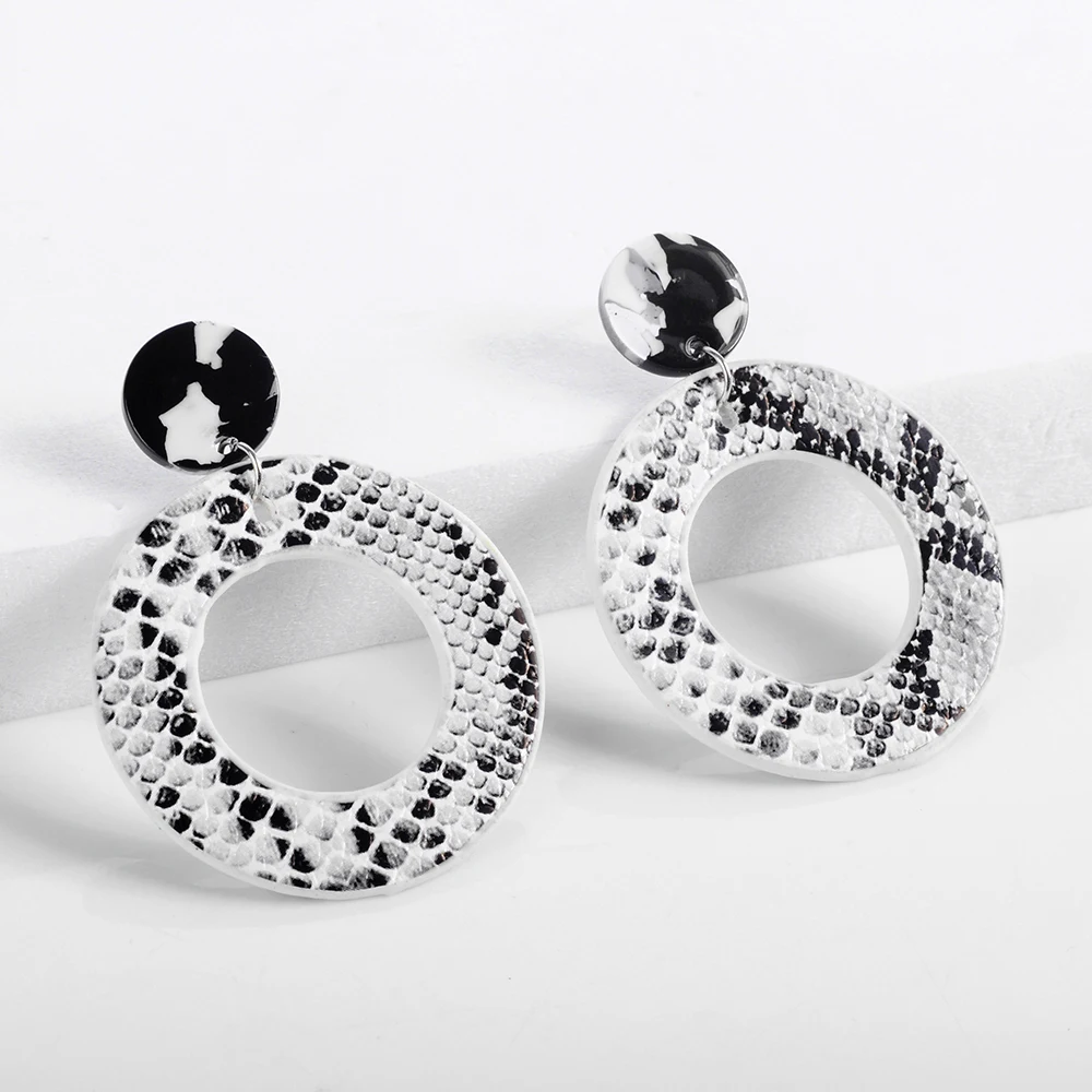 

2019 Trendy Snake Print Dangle Drop Earrings For Women geometry Big Round White Hanging Earring Statement Leather ZA Jewelry
