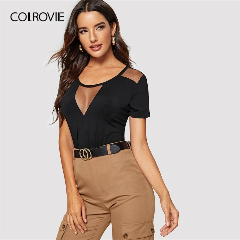 COLROVIE الأسود الصلبة شبكة إدراج شكل جاهزة مثير تي شيرت النساء 2019 الربيع الأزياء قصيرة الأكمام المحملة السيدات نادي قمم و المحملات