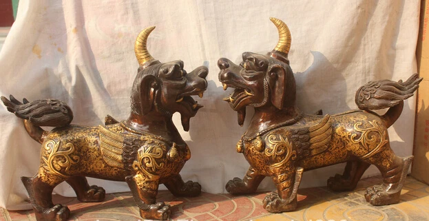 

JP S0524 18" China Bronze Chinese Feng Shui Qilin Dragon Beast Unicorn Pixiu Statue Pair B0403