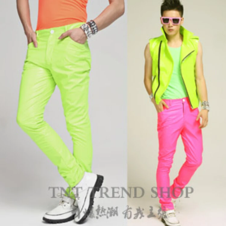 

27-40 ! European American men's brand casual candy fluorescent series Korean costumes performance apparel leather pants trousers