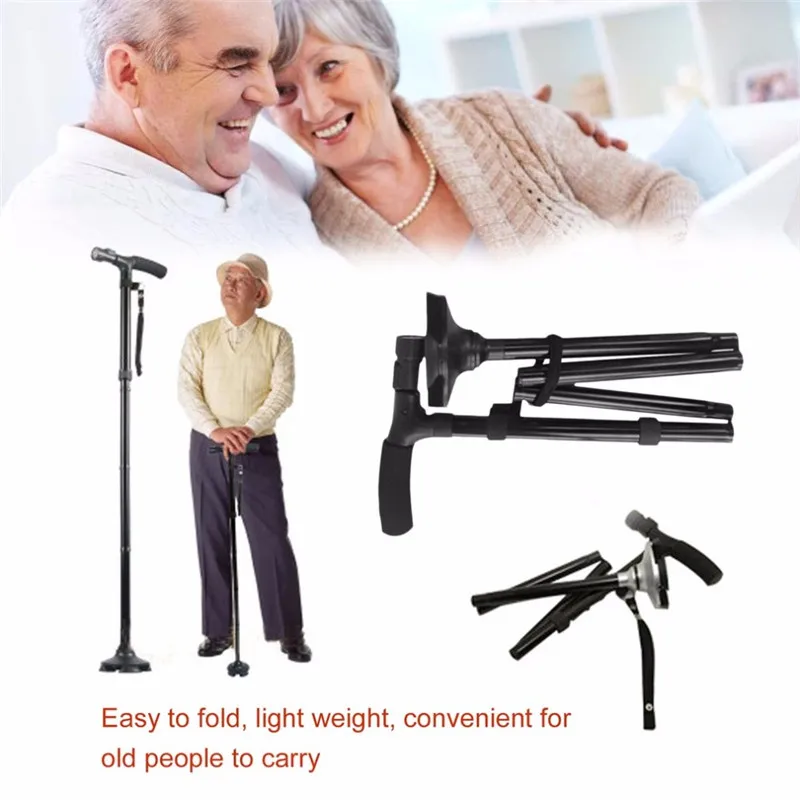 

Multifunction T-handle Portable Cane Folding Cane Mountaineering Hiking Telescopic Cane for Old Man Non Slip with LED Light