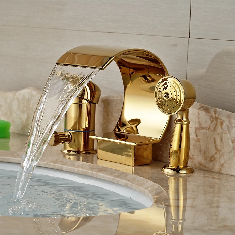 Wholesale And Retail Promotion Luxury Golden Brass Waterfall Bathroom Tub Faucet Diverter W