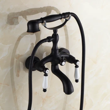 

Bronze Shower Faucet Brass Black Double Handles with Ceramic Hot and Cold Water Mixer Black Oil Bronze Wall Mounted