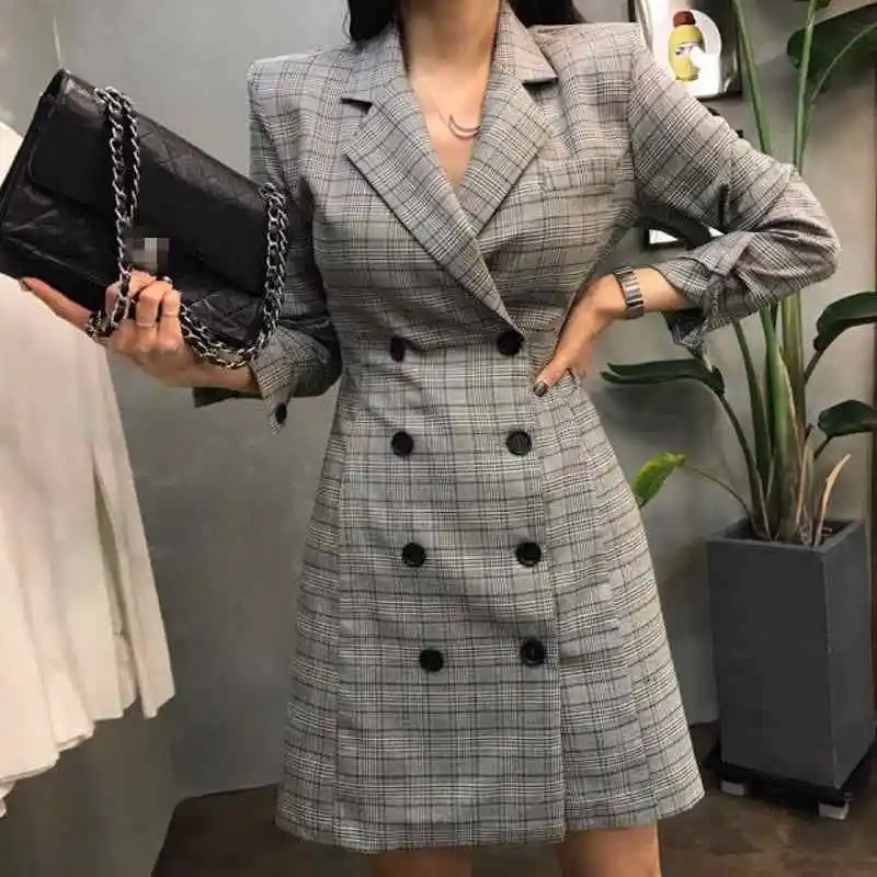 2019 New Euro Fashion Women Plaid Party Dress Elegant Suit Casual Long Sleeve Work OL Ladies Party Slim Fit Dress Suits