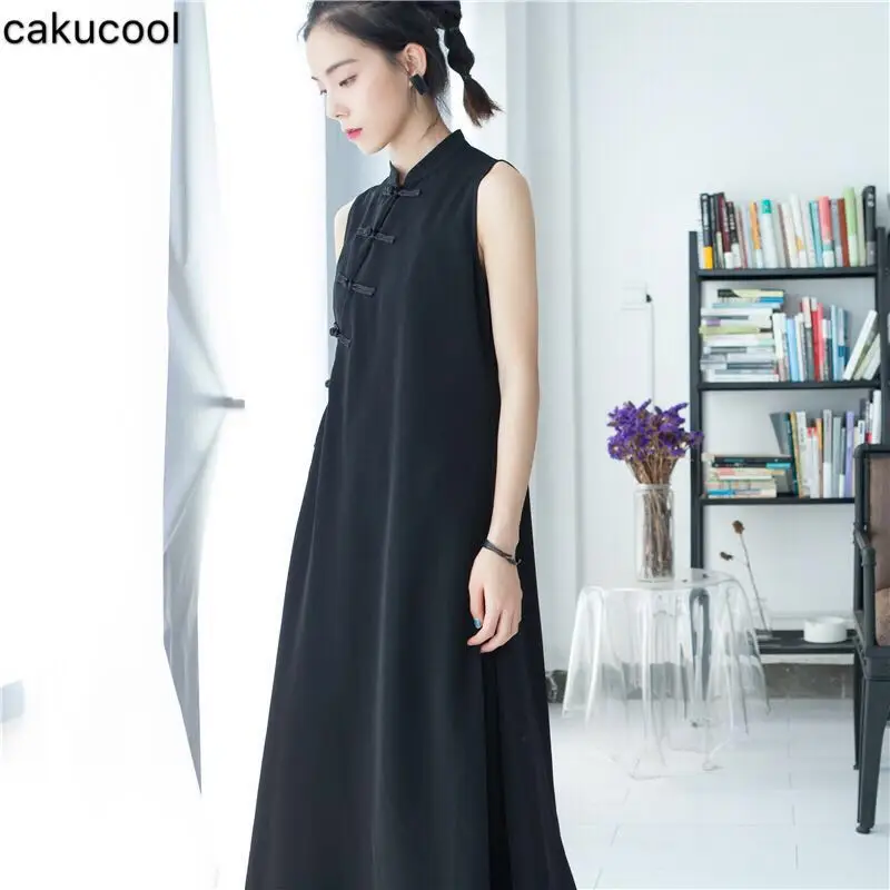 

Cakucool Improved cheongsam plate buckle black dress 2019 spring and autumn wear cool breeze retro medium long women's dress