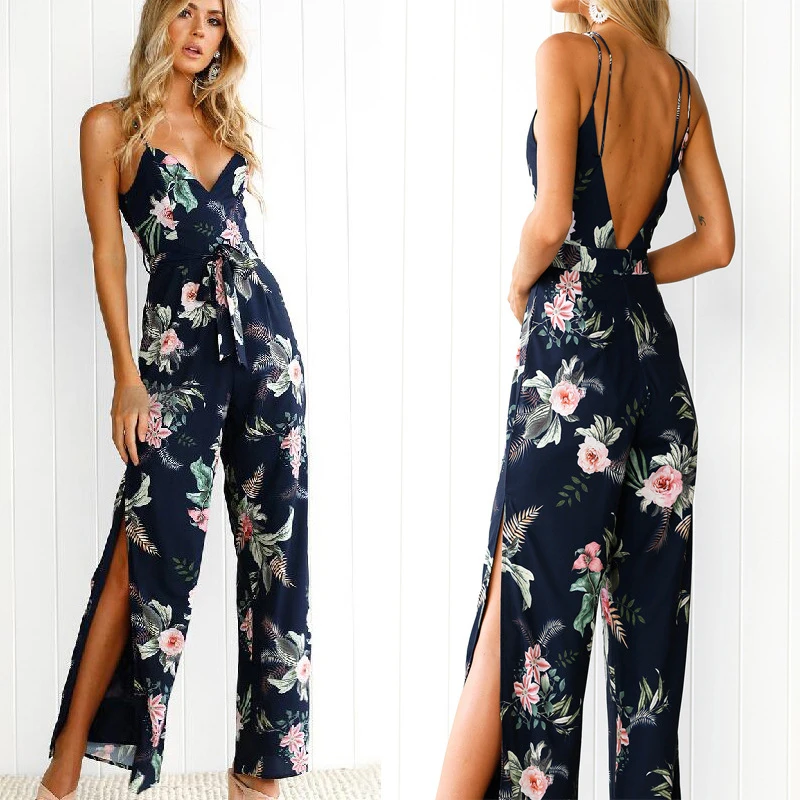Backless Long Romper Womens Jumpsuit Casual Print Split leg Overalls Sexy Strap V Neck Sashes Female Jumpsuit Korean Summer 2019 Backless Long Romper Womens Jumpsuit Casual Print Split leg Overalls Sexy Strap V Neck Sashes Female Jumpsuit Korean Summer 2019